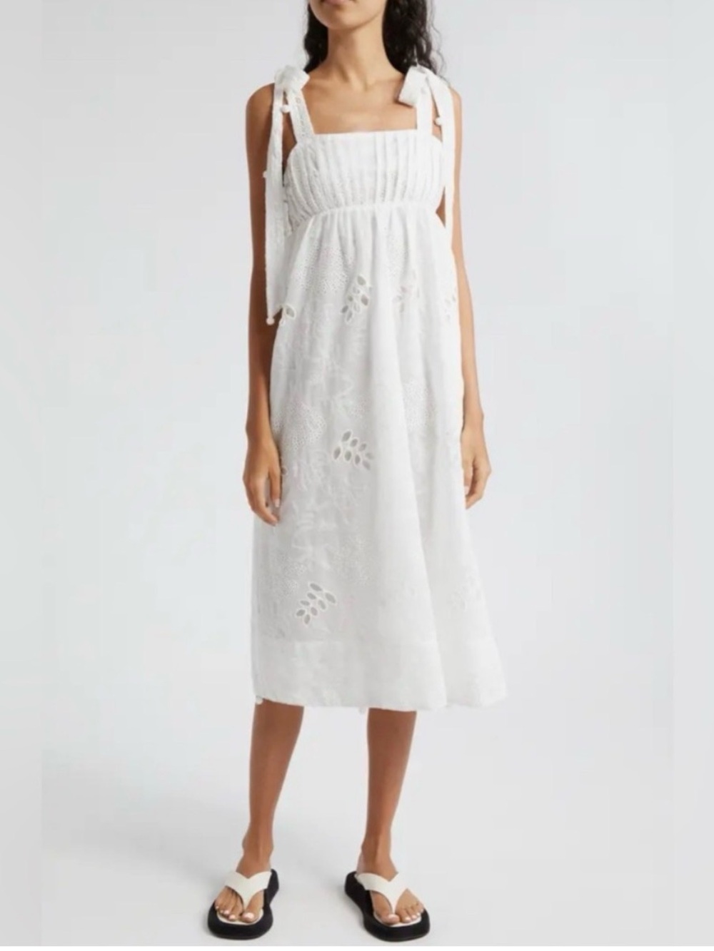 NWT Farm Rio Off-White Tie-Shoulder Eyelet Midi Dress - small